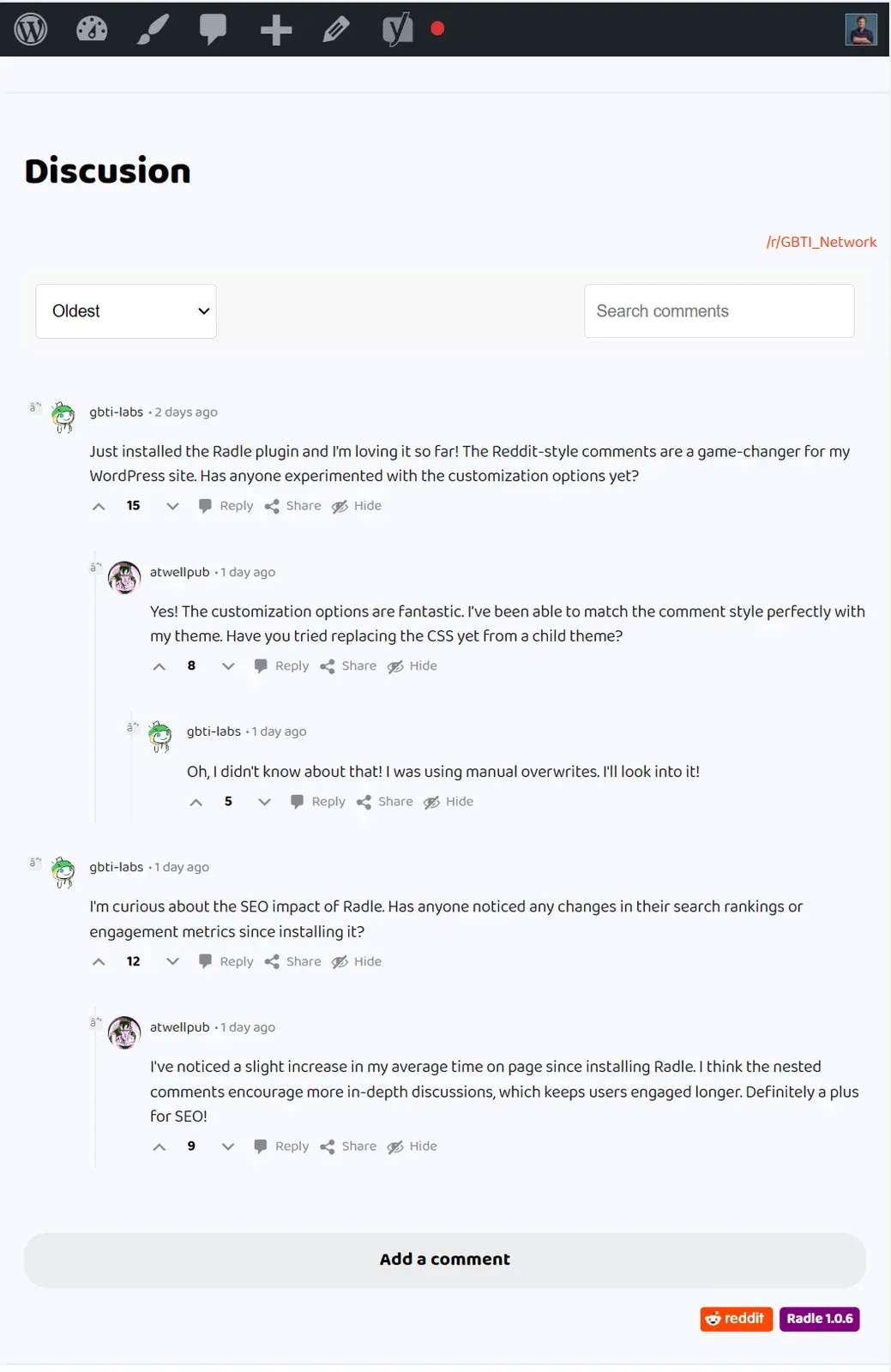Radle: A WordPress Reddit Plugin screenshot 1