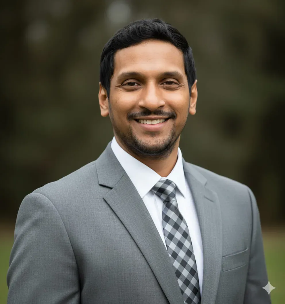 A person wearing a light gray suit jacket with white dress shirt and gray and white diagonal checkered pattern tie. Image generated by Nano Banana.