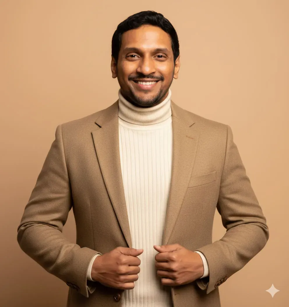 A person wearing a beige textured blazer with brown buttons over a cream ribbed turtleneck sweater. Image generated using Nano Banana.