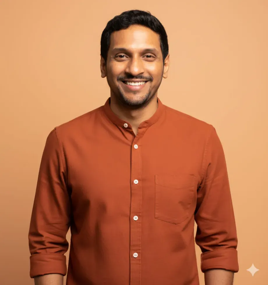 Nano Banana Headshot: Burnt Orange Mandarin Collar Shirt: example result generated with Nano Banana