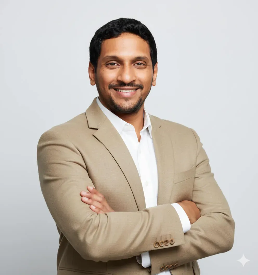 A person wearing a tan blazer over white collared shirt. Image generated using Nano Banana.
