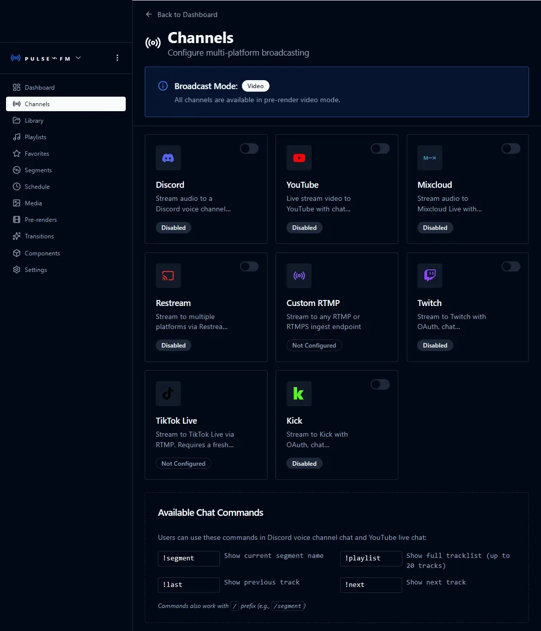 Channel setup for Discord, YouTube, Mixcloud, Restream, custom RTMP, Twitch, TikTok Live, and Kick, plus the listener chat commands.