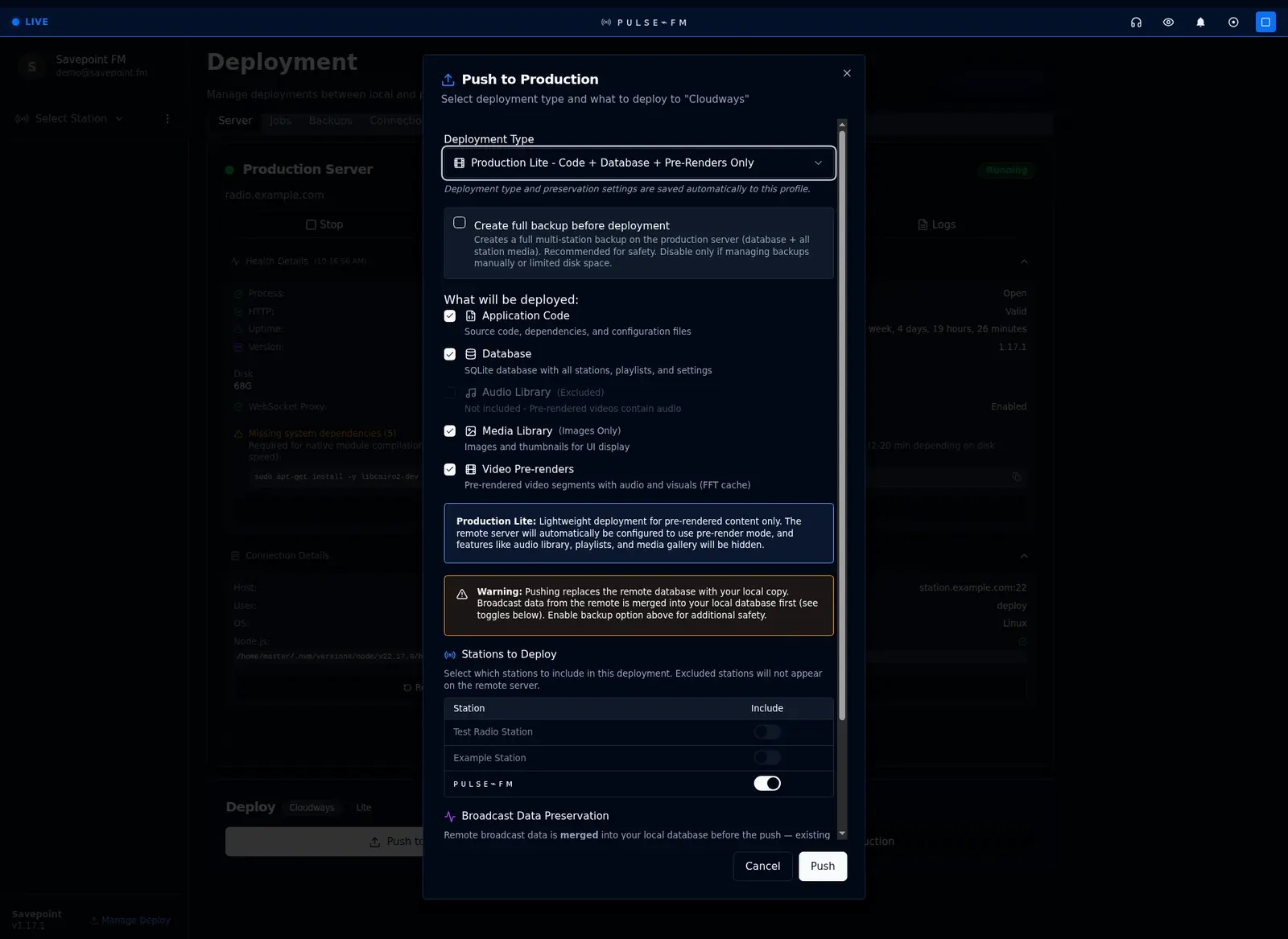Push to Production, choosing the deployment type, what to deploy, and which stations to include.