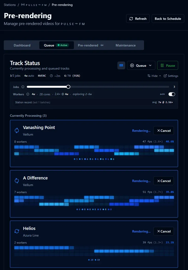 The pre-rendering queue, showing each track in progress with its workers, frame rate, and completion.