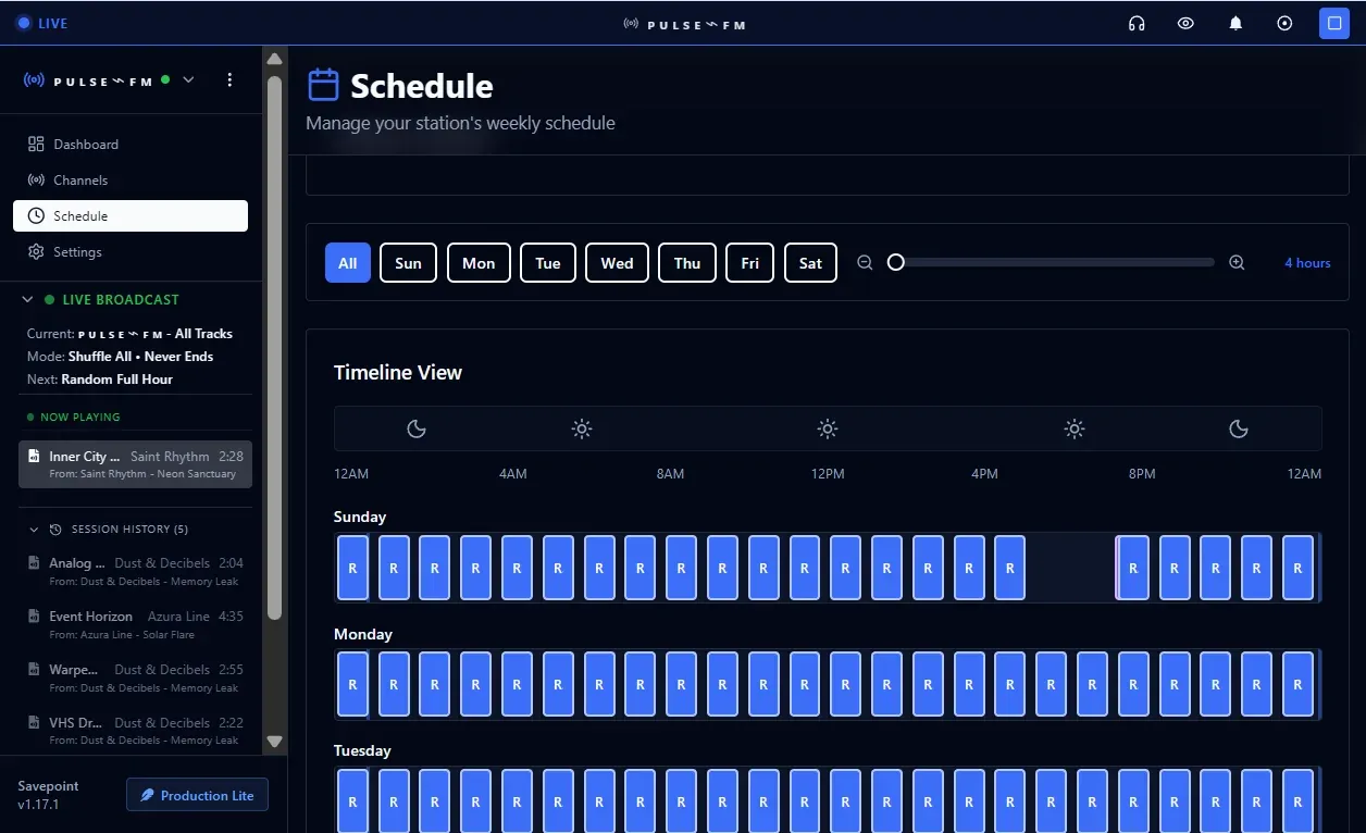 The weekly schedule as a timeline, with the live broadcast summary and session history in the sidebar.